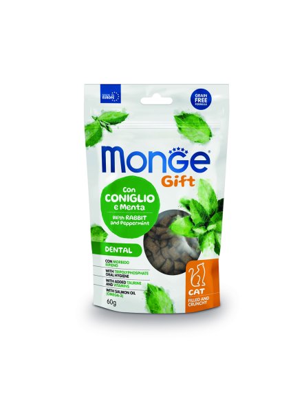 Monge Gift Dental - Лакомство для кошек &amp;quot;Хрустящие подушечки с начинкой&amp;quot; с кроликом и перечной мятой для чистки зубов 60 г