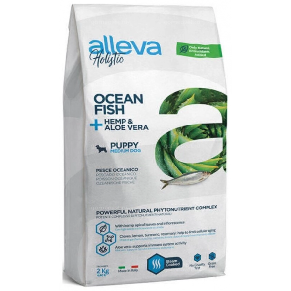 Alleva Холистик - Puppy Junior Fish Medium - Сухой корм для щенков и юниоров, с Океанической Рыбой, Коноплей и Алое Вера