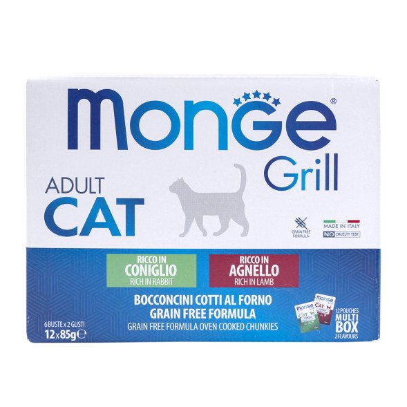Monge Cat Grill - Влажный корм для взрослых кошек, с Кроликом, с Ягненком (бокс с паучами, 12 шт*85 гр)