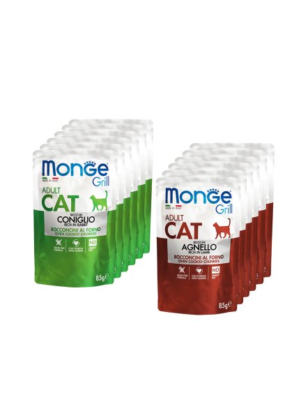 Monge Cat Grill - Влажный корм для взрослых кошек, с Кроликом, с Ягненком (бокс с паучами, 12 шт*85 гр)