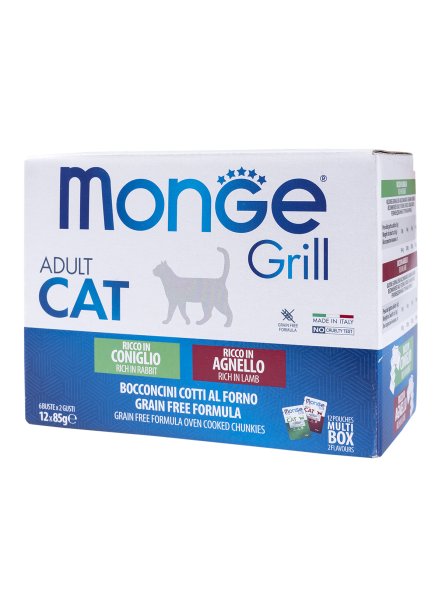 Monge Cat Grill - Влажный корм для взрослых кошек, с Кроликом, с Ягненком (бокс с паучами, 12 шт*85 гр)