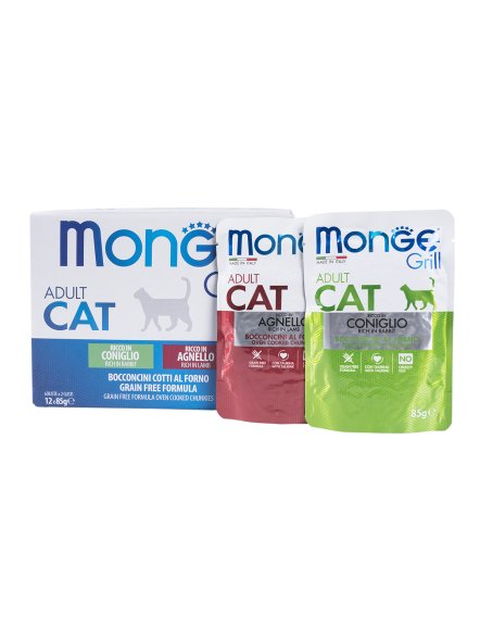 Monge Cat Grill - Влажный корм для взрослых кошек, с Кроликом, с Ягненком (бокс с паучами, 12 шт*85 гр)
