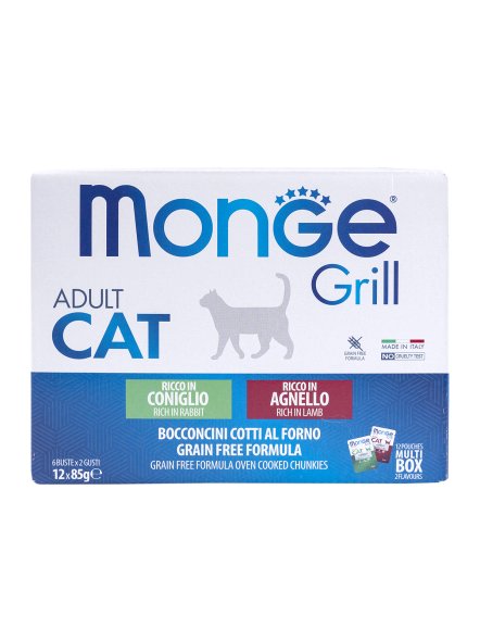 Monge Cat Grill - Влажный корм для взрослых кошек, с Кроликом, с Ягненком (бокс с паучами, 12 шт*85 гр)