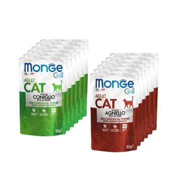 Monge Cat Grill - Влажный корм для взрослых кошек, с Кроликом, с Ягненком (бокс с паучами, 12 шт*85 гр)