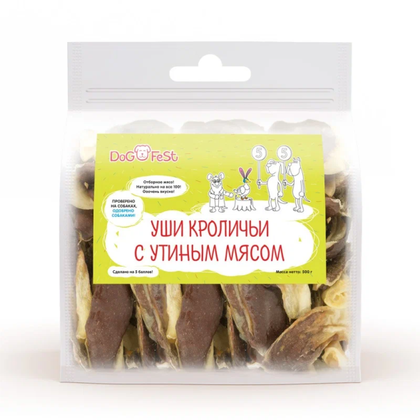Dog Fest - Лакомство для собак, кроличьи уши с утиным мясом, 500 г