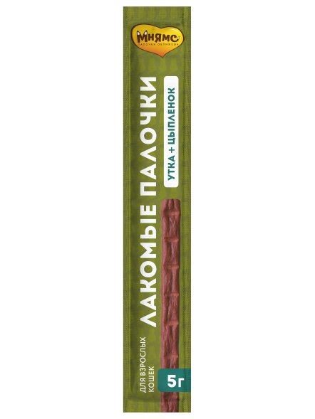 Мнямс - Лакомство, лакомые палочки, для кошек из цыпленка и утки 10х5 г, 13,5 см