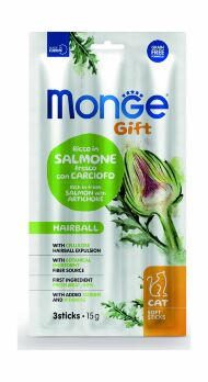 Monge Gift Hairball - Лакомство для кошек "Мягкие палочки" с лососем и артишоком для вывода шерсти 15 г