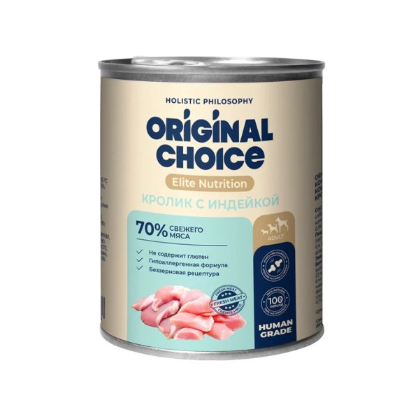 Original Choice Elite Nutrition Adult - Консервированный полнорационный корм для собак, Кролик с Индейкой 750 гр