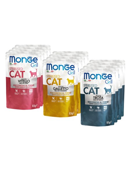 Monge Cat Grill - Влажный корм для стерилизованных кошек, с Телятиной, с Курицей, с Форелью (бокс с паучами 12 шт * 85 гр)