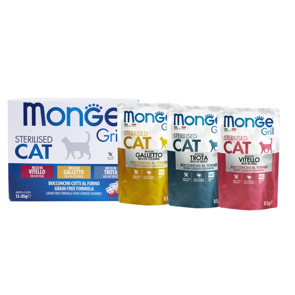 Monge Cat Grill - Влажный корм для стерилизованных кошек, с Телятиной, с Курицей, с Форелью (бокс с паучами 12 шт * 85 гр)