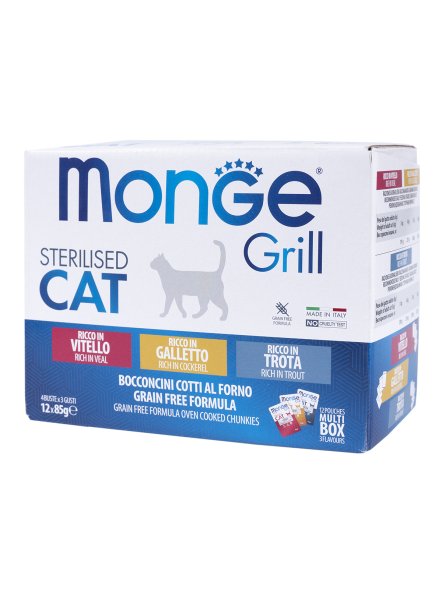 Monge Cat Grill - Влажный корм для стерилизованных кошек, с Телятиной, с Курицей, с Форелью (бокс с паучами 12 шт * 85 гр)