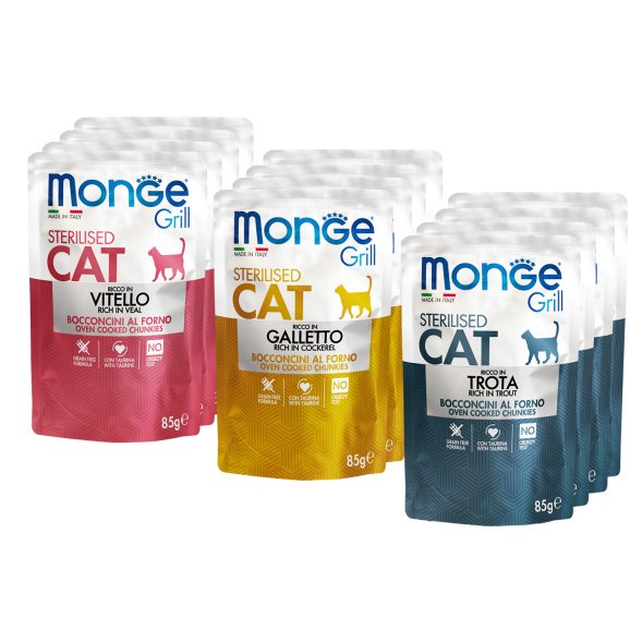 Monge Cat Grill - Влажный корм для стерилизованных кошек, с Телятиной, с Курицей, с Форелью (бокс с паучами 12 шт * 85 гр)