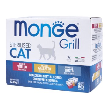Monge Cat Grill - Влажный корм для стерилизованных кошек, с Телятиной, с Курицей, с Форелью (бокс с паучами 12 шт * 85 гр)