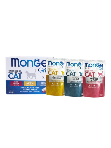 Monge Cat Grill - Влажный корм для стерилизованных кошек, с Телятиной, с Курицей, с Форелью (бокс с паучами 12 шт * 85 гр)