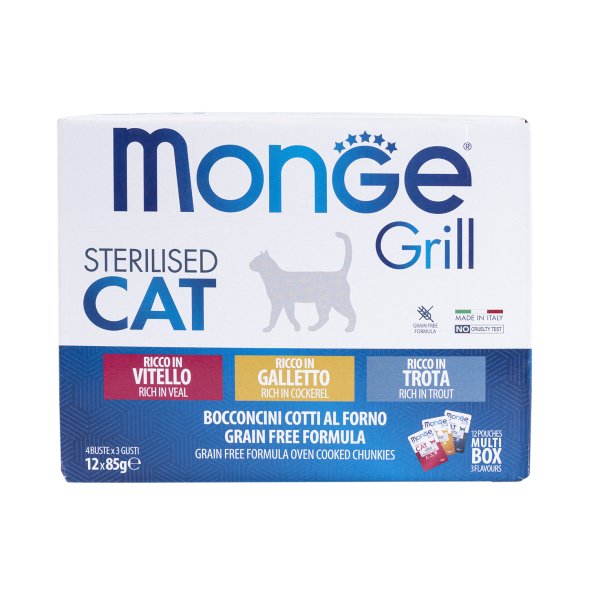 Monge Cat Grill - Влажный корм для стерилизованных кошек, с Телятиной, с Курицей, с Форелью (бокс с паучами 12 шт * 85 гр)