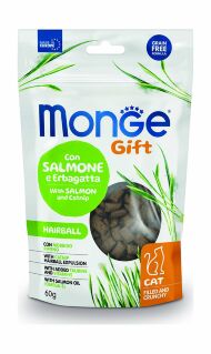 Monge Gift Hairball - Лакомство для кошек "Хрустящие подушечки с начинкой" с лососем и кошачьей мятой для вывода шерсти 60 г