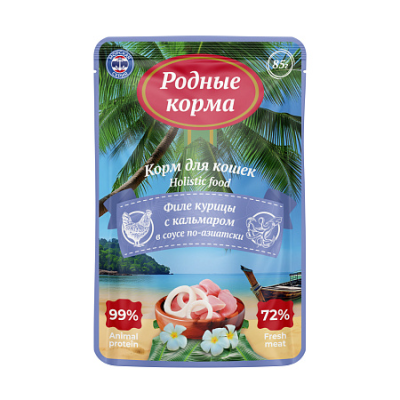 Родные Корма - Морская серия суп - пауч для кошек, филе курицы с кальмаром в соусе по-азиатски 85г
