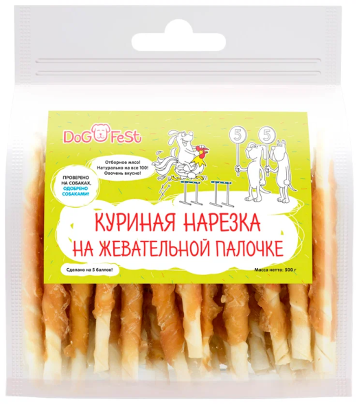 Dog Fest - Лакомство для собак, куриная нарезка на жевательной палочке, 500 г