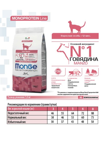 Monge Monoprotein (Монопротеин) Sterilised Beef - Сухой корм для стерилизованных кошек, с говядиной 1,5кг