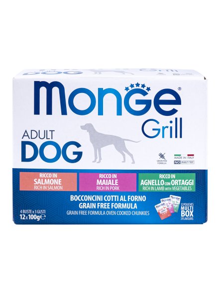 Monge Dog Grill - Влажный корм для собак, с Лососем, со Свининой, с Ягненком и Овощами (бокс с паучами 12 шт * 100 гр)