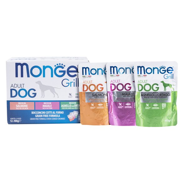 Monge Dog Grill - Влажный корм для собак, с Лососем, со Свининой, с Ягненком и Овощами (бокс с паучами 12 шт * 100 гр)