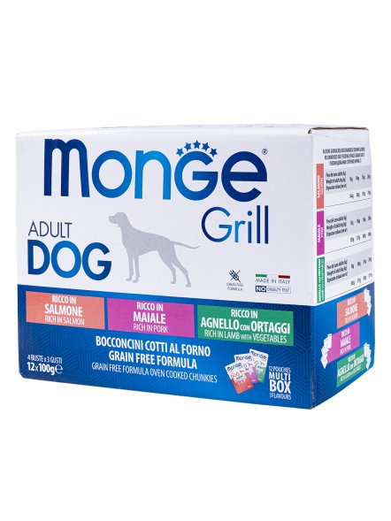 Monge Dog Grill - Влажный корм для собак, с Лососем, со Свининой, с Ягненком и Овощами (бокс с паучами 12 шт * 100 гр)