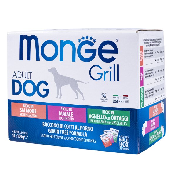 Monge Dog Grill - Влажный корм для собак, с Лососем, со Свининой, с Ягненком и Овощами (бокс с паучами 12 шт * 100 гр)