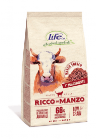 LifeCat Adult Rich in Beef Low Grain - Сухой низкокалорийный корм для кошек, с высоким содержанием свежей говядины
