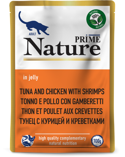 Prime Nature - Паучи для кошек, тунец с курицей и креветками в желе, 100 гр