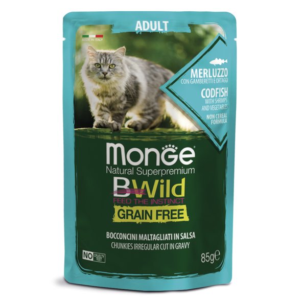 Monge Cat BWild Grain Free - паучи из трески с креветками и овощами для взрослых кошек 85г