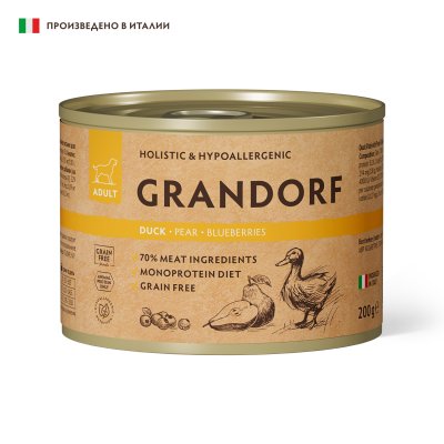 Grandorf - Консервы для собак, паштет из утки с грушей и черникой 200гр Grandorf - Консервы для собак, паштет из утки с грушей и черникой 200гр