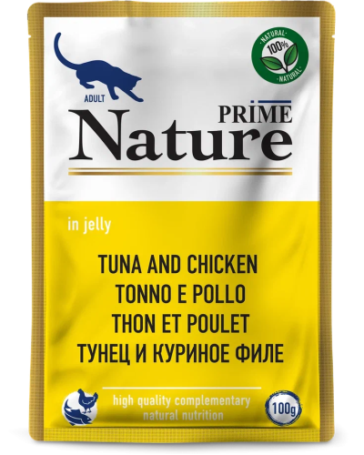 Prime Nature - Паучи для кошек, тунец и куриное филе в желе, 100 гр