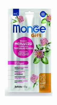 Monge Gift Skin Support - Лакомство для кошек "Мягкие палочки" со свежей треской и красным клевером для здоровой кожи 15 г