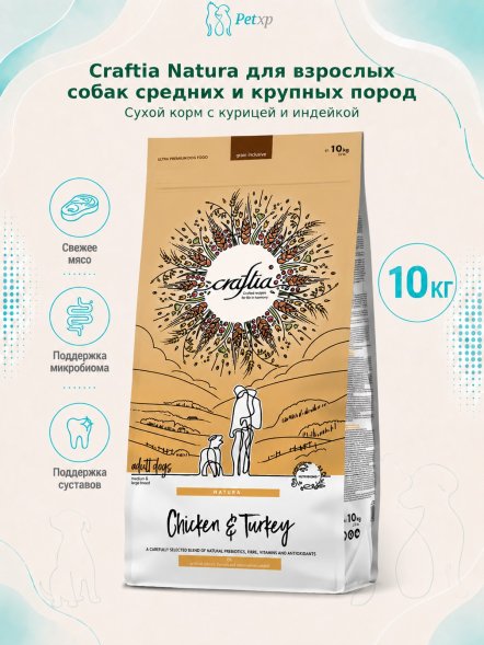 Craftia Natura - Сухой корм для взрослых собак средних и крупных пород, из Курицы и Индейки