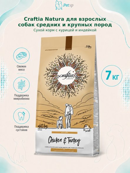 Craftia Natura - Сухой корм для взрослых собак средних и крупных пород, из Курицы и Индейки
