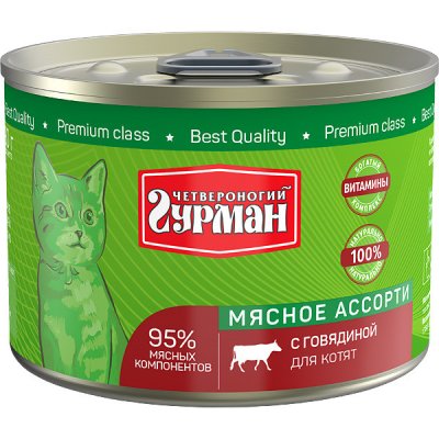 Четвероногий Гурман - Корм консервированный для котят, мясное ассорти с говядиной, 340 г