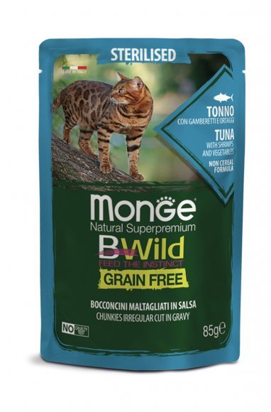 Monge Cat BWild Grain Free - паучи из тунца с креветками и овощами для стерилизованных кошек 85 г