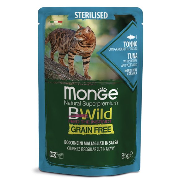 Monge Cat BWild Grain Free - паучи из тунца с креветками и овощами для стерилизованных кошек 85 гр