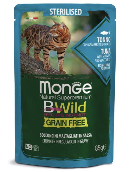 Monge Cat BWild Grain Free - паучи из тунца с креветками и овощами для стерилизованных кошек 85 гр