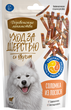Деревенские Лакомства - Уход за шерстью: соломка из лосося для собак, 55 г
