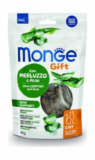 Monge Gift Skin Support - Лакомство для кошек "Хрустящие подушечки с начинкой" с треской и алоэ вера для здоровой кожи 60 г