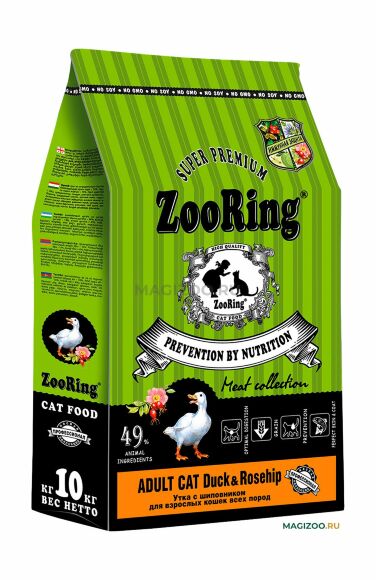 ZooRing Adult Cat Duck&Rosehip - Сухой корм для кошек утка и шиповник 10 кг