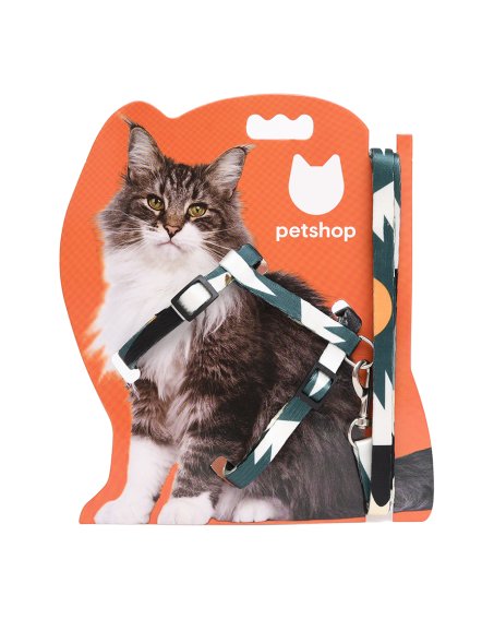 PetSHOP - Шлейка для кошек с поводком 120 см зеленый-белый