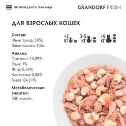 Grandorf Fresh - Консервы для кошек, филе тунца с филе лосося в желе 70гр