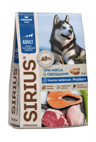 Sirius - Сухой корм для взрослых собак с высокой активностью, 3 вида мяса