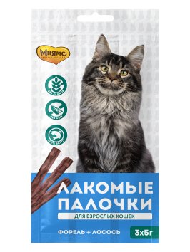 Мнямс - Лакомство для кошек, Лакомые палочки 13,5 см с Форелью и Лососем, 3х5 г