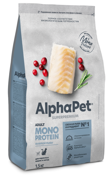 AlphaPet СуперПремиум Monoprotein (Монопротеин) - Сухой корм для взрослых кошек из Белой Рыбы
