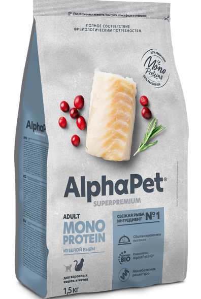 AlphaPet СуперПремиум Monoprotein (Монопротеин) - Сухой корм для взрослых кошек из Белой Рыбы