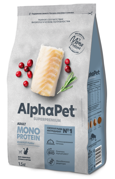 AlphaPet СуперПремиум Monoprotein (Монопротеин) - Сухой корм для взрослых кошек из Белой Рыбы