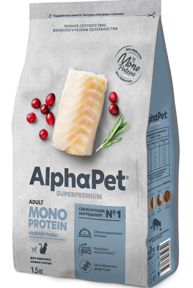 AlphaPet СуперПремиум Monoprotein (Монопротеин) - Сухой корм для взрослых кошек из Белой Рыбы